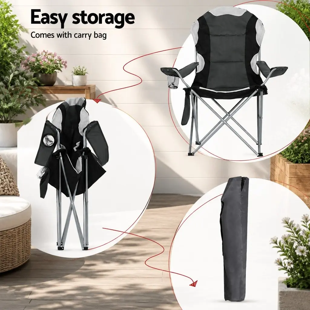Folding Camping Chair Portable Steel Frame Padded Fabric Grey 2 Pack