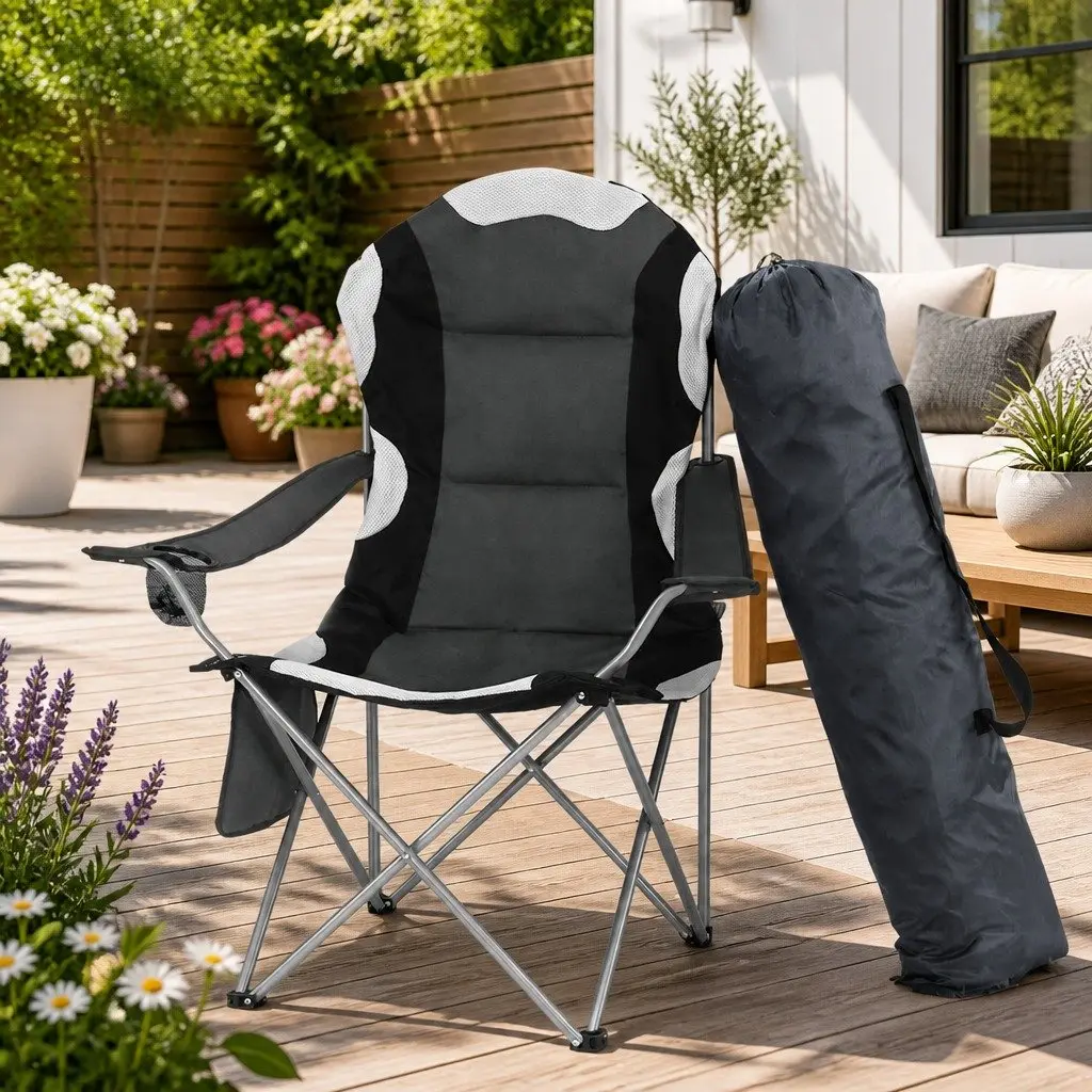 Folding Camping Chair Portable Steel Frame Padded Fabric Grey 2 Pack