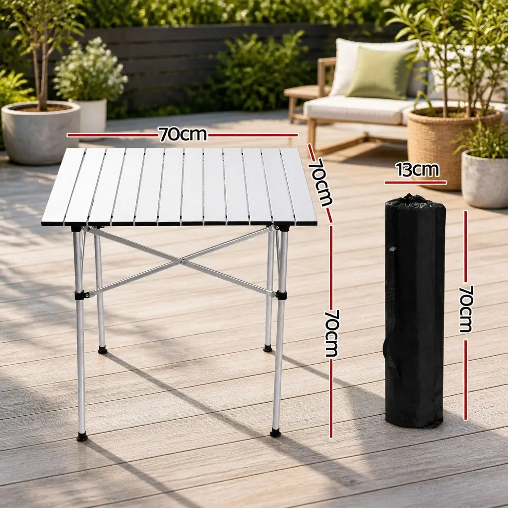 Portable Aluminium Folding Table 70CM Silver Compact Roll Up Outdoor Camping Picnic Desk