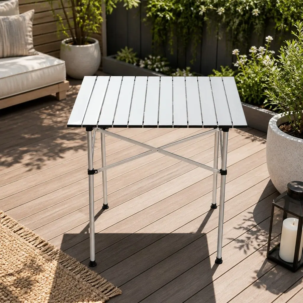 Portable Aluminium Folding Table 70CM Silver Compact Roll Up Outdoor Camping Picnic Desk