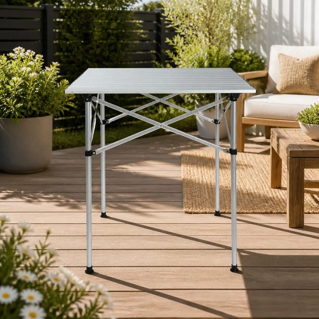 Portable Aluminium Folding Table 70CM Silver Compact Roll Up Outdoor Camping Picnic Desk