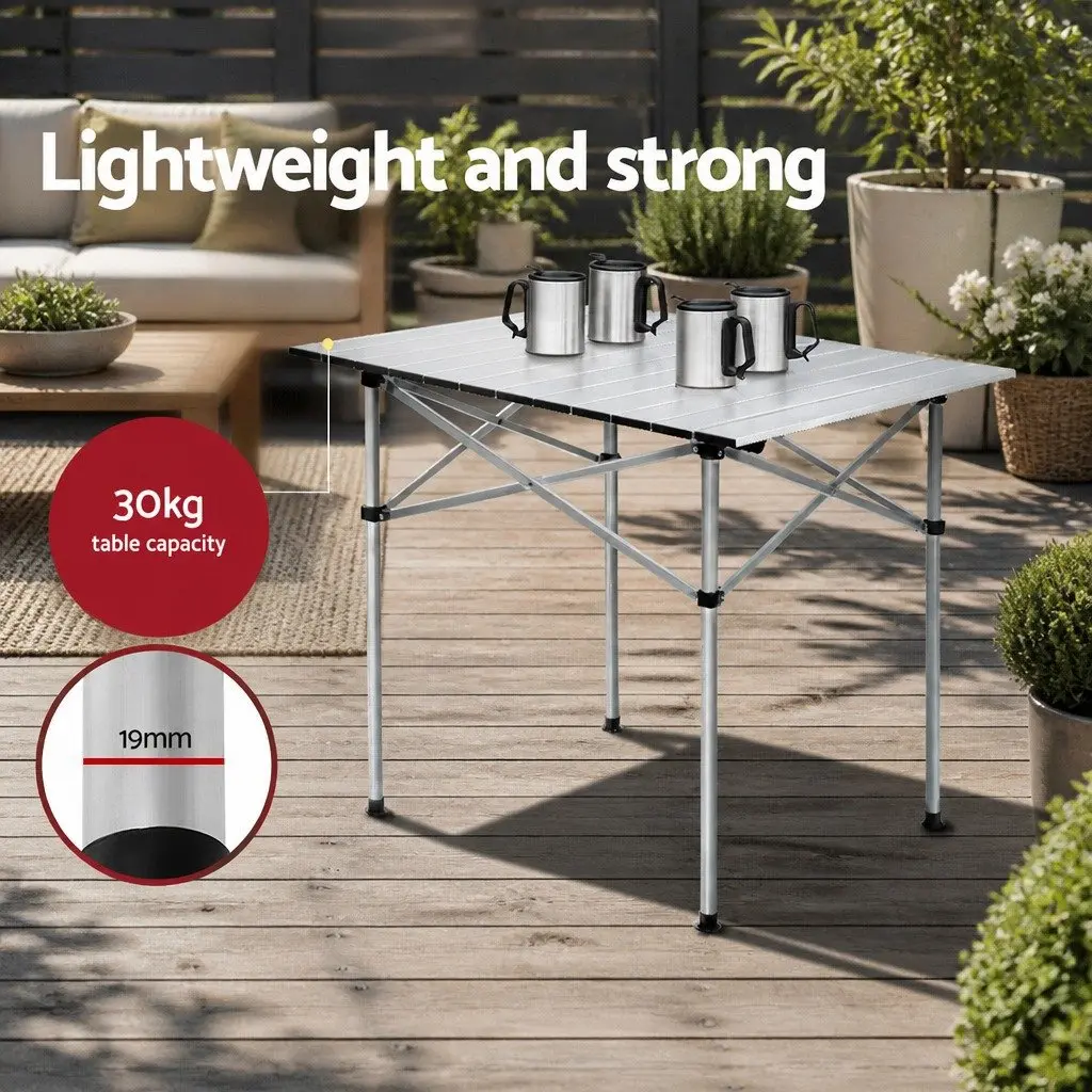 Portable Aluminium Folding Table 70CM Silver Compact Roll Up Outdoor Camping Picnic Desk