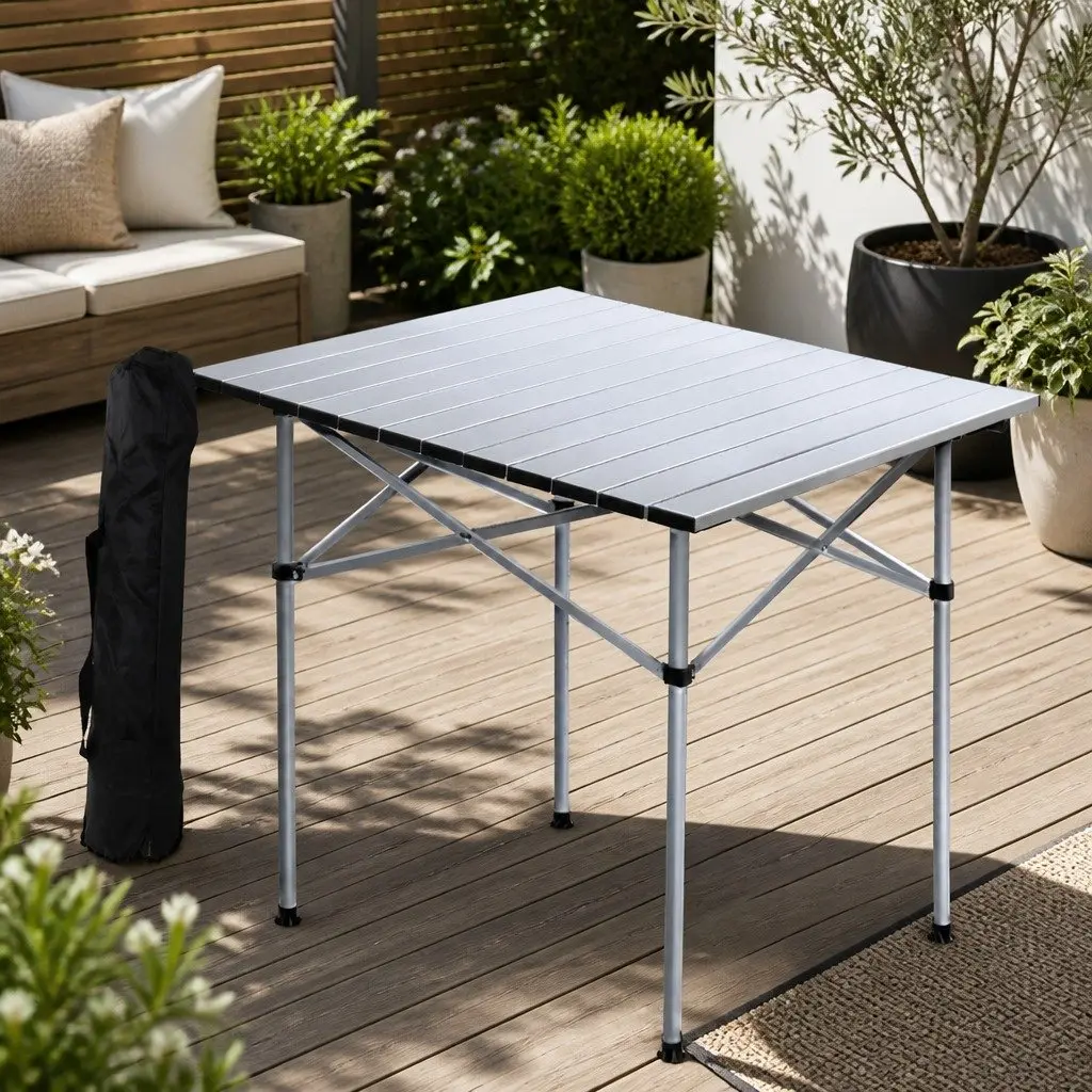Portable Aluminium Folding Table 70CM Silver Compact Roll Up Outdoor Camping Picnic Desk