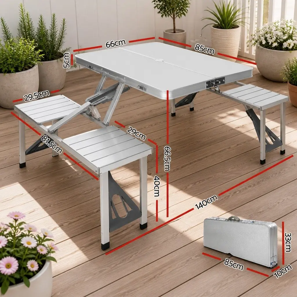 Folding Aluminium Camping Table Set Silver Outdoor Picnic BBQ with 2 Benches