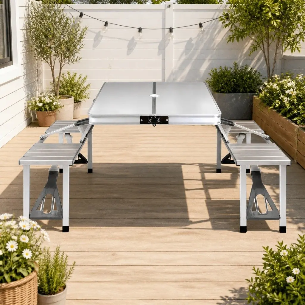 Folding Aluminium Camping Table Set Silver Outdoor Picnic BBQ with 2 Benches