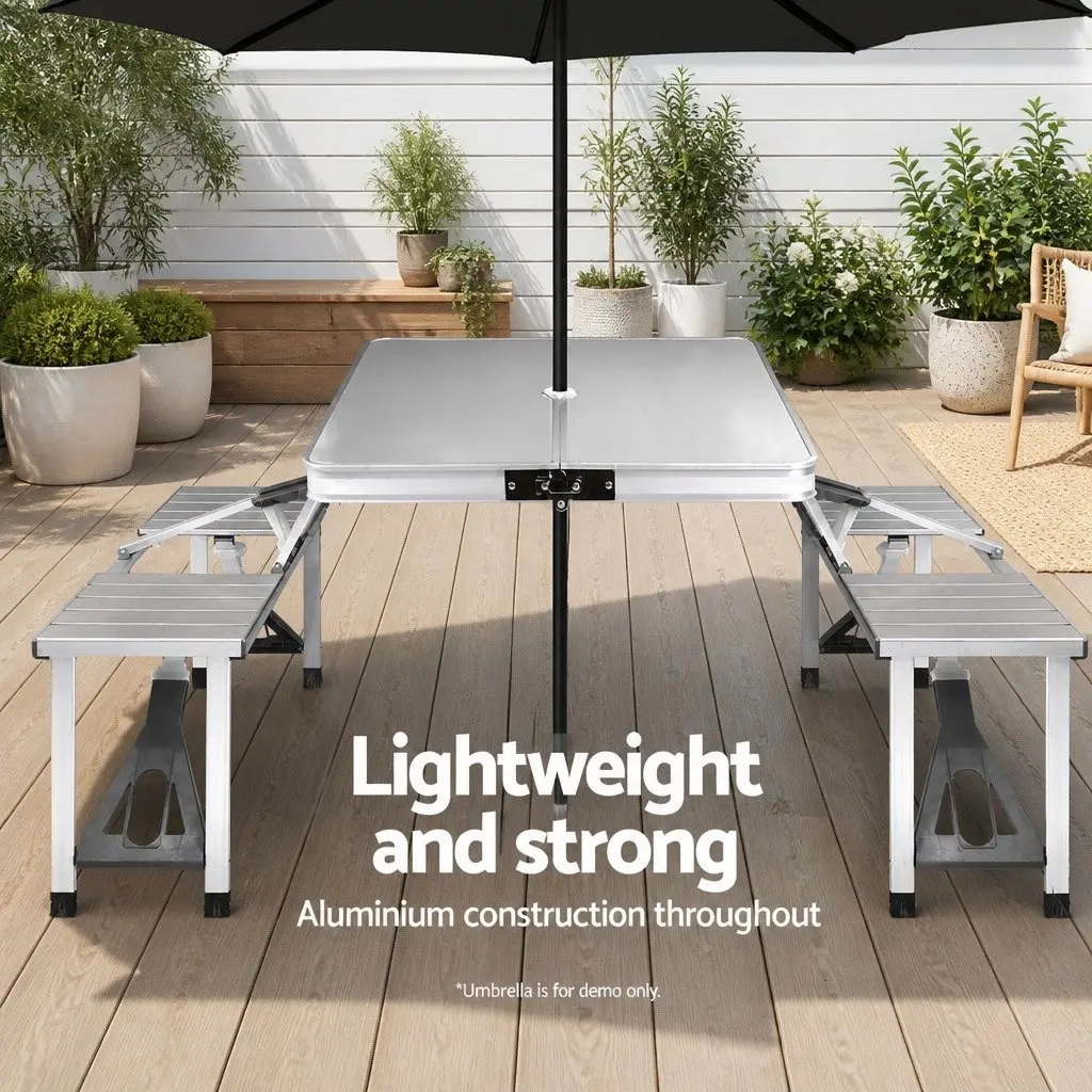 Folding Aluminium Camping Table Set Silver Outdoor Picnic BBQ with 2 Benches
