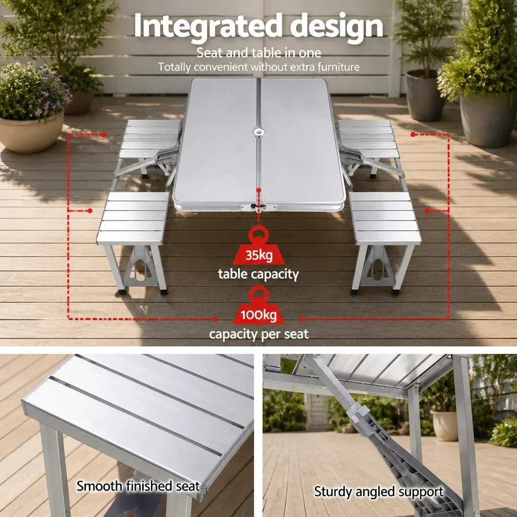 Folding Aluminium Camping Table Set Silver Outdoor Picnic BBQ with 2 Benches