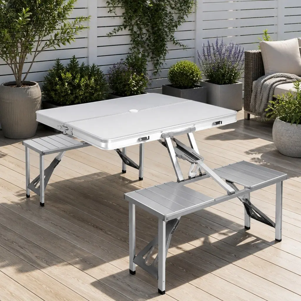 Folding Aluminium Camping Table Set Silver Outdoor Picnic BBQ with 2 Benches