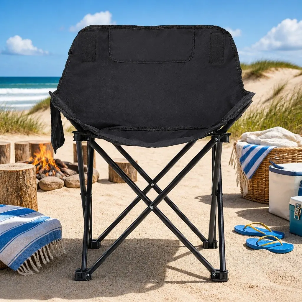 Folding Camping Chair 600D Oxford Fabric Black Portable Lightweight Curved Moon Seat