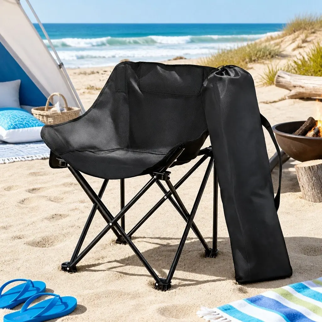 Folding Camping Chair 600D Oxford Fabric Black Portable Lightweight Curved Moon Seat