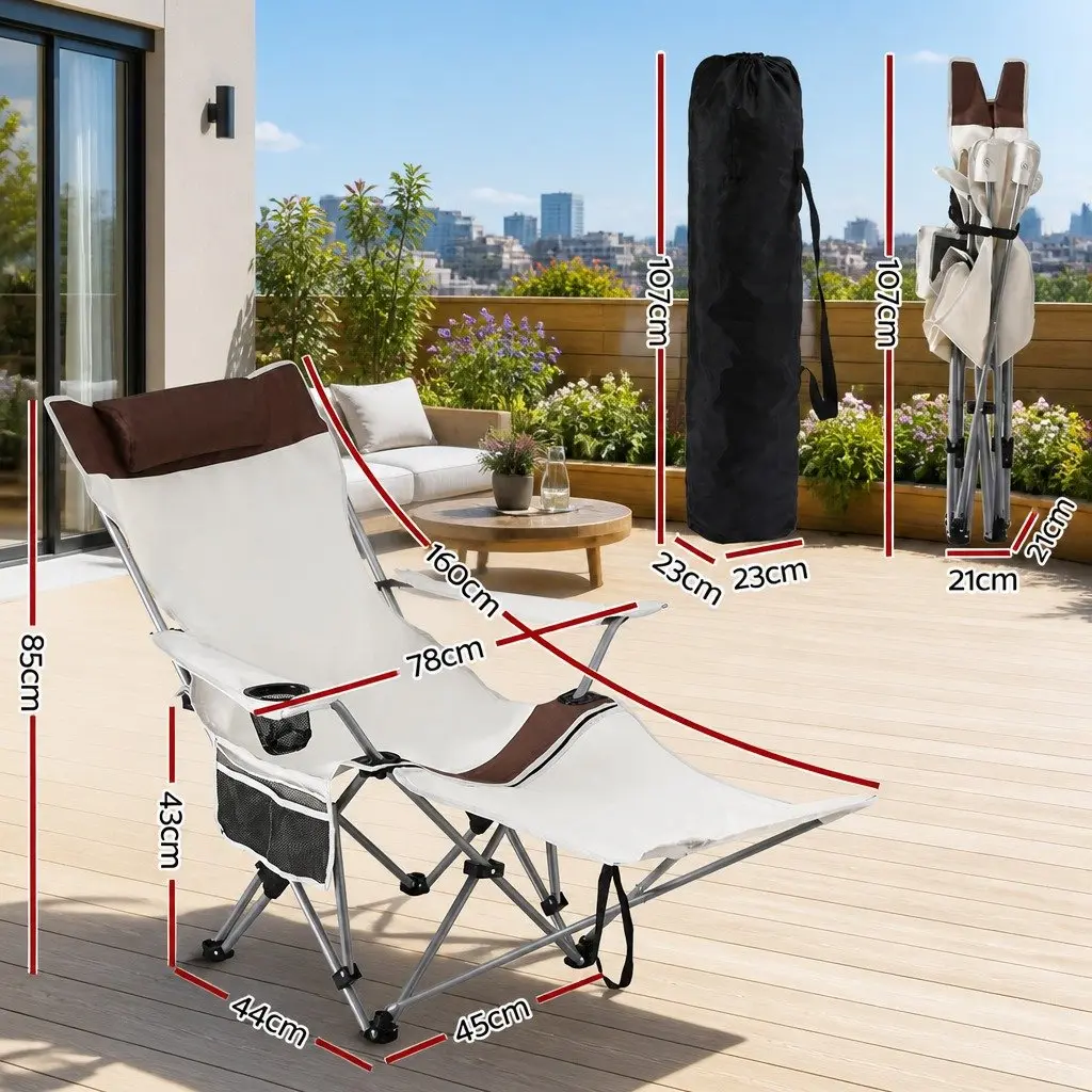 Reclining Camping Chair 600D Oxford Fabric Adjustable Backrest Portable Folding Outdoor Lounge Seat White Brown