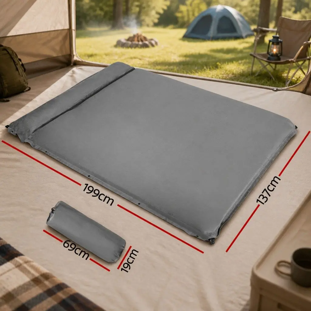 Self Inflating Camping Mattress Grey Double Polyester 199 x 137 x 4 cm