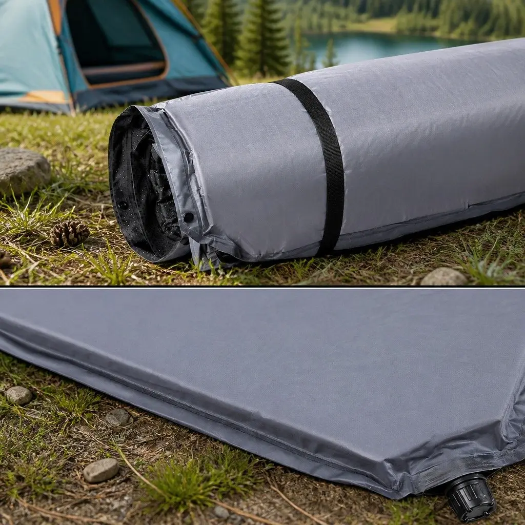 Self Inflating Camping Mattress Grey Double Polyester 199 x 137 x 4 cm