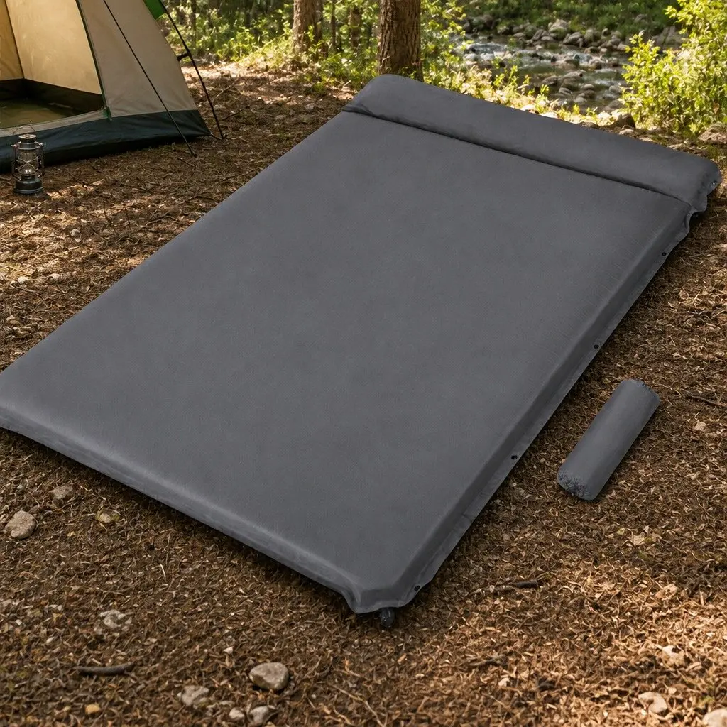 Self Inflating Camping Mattress Grey Double Polyester 199 x 137 x 4 cm