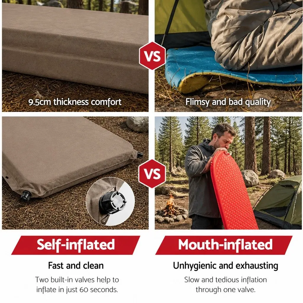 Double Camping Sleeping Mat Self Inflating Air Bed Coffee Water Resistant 187x132cm