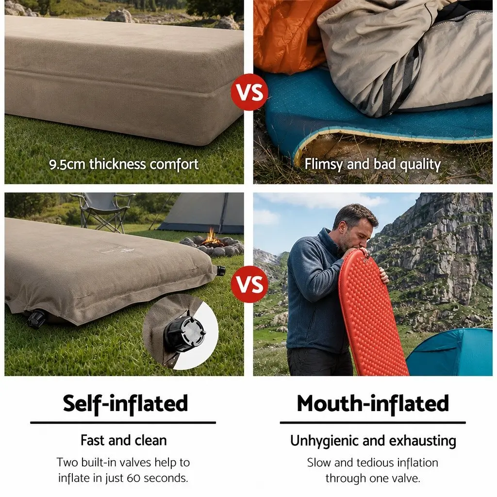 Single Self Inflating Camping Mattress Faux Suede 187x66cm Coffee