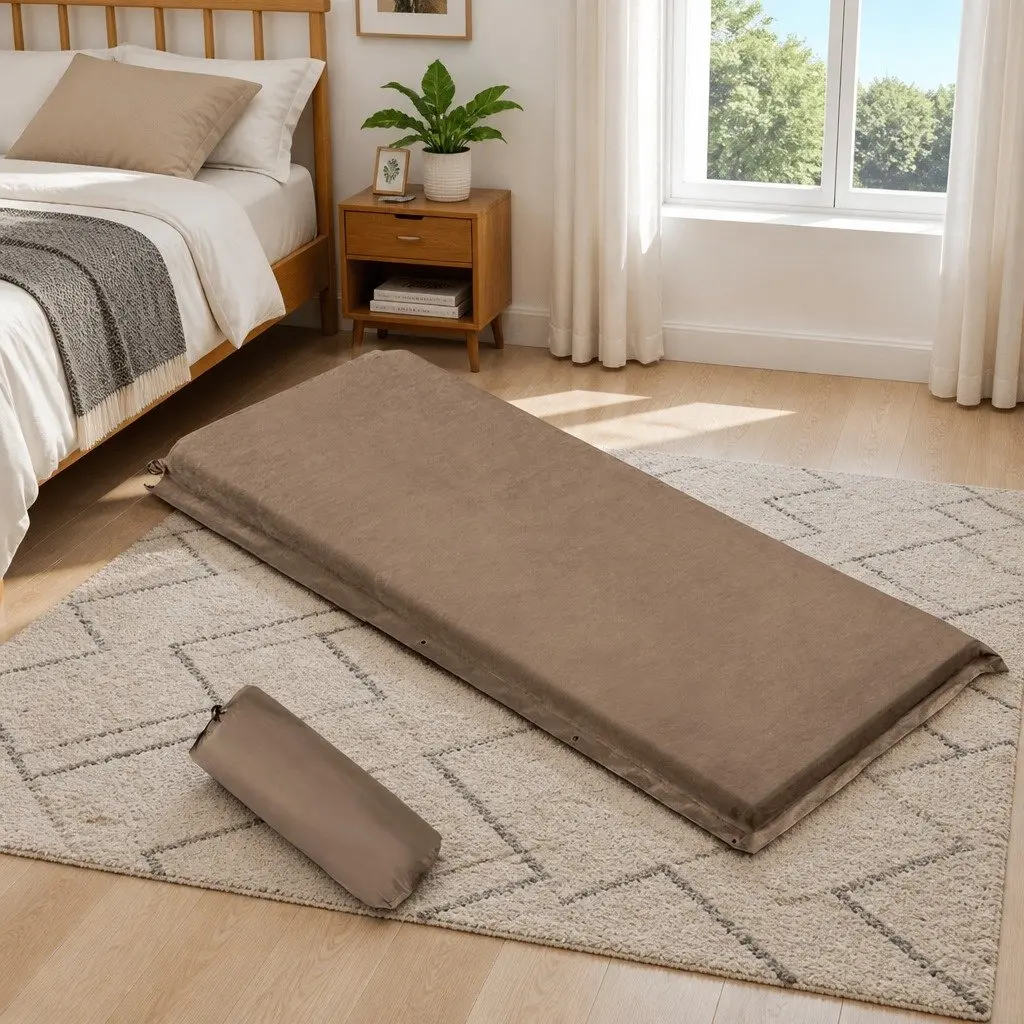 Single Self Inflating Camping Mattress Faux Suede 187x66cm Coffee
