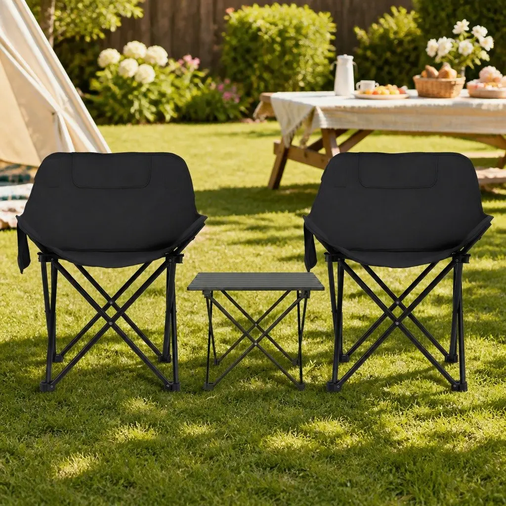 3 Piece Folding Camping Table Chair Set Aluminium Steel Black Outdoor Portable