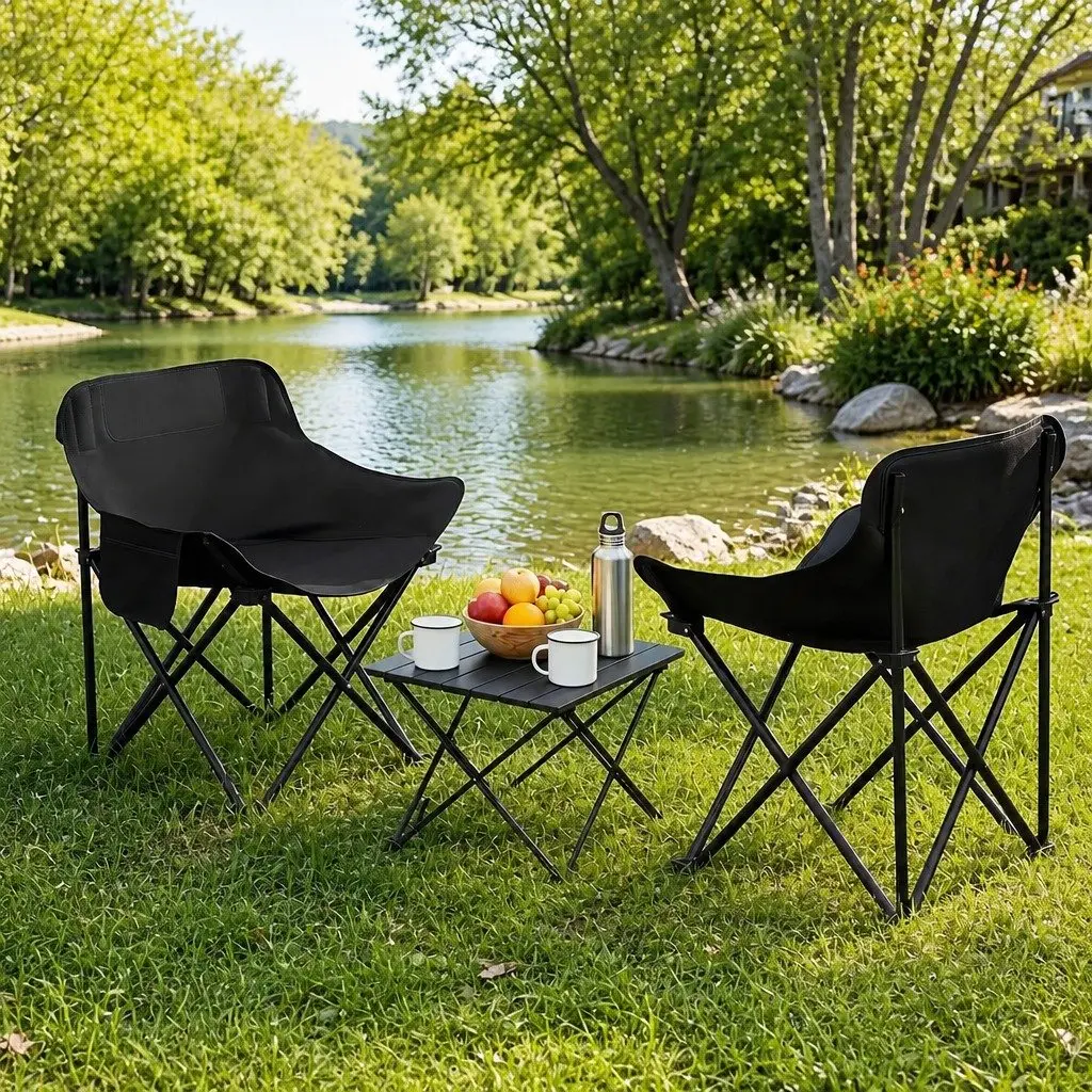 3 Piece Folding Camping Table Chair Set Aluminium Steel Black Outdoor Portable