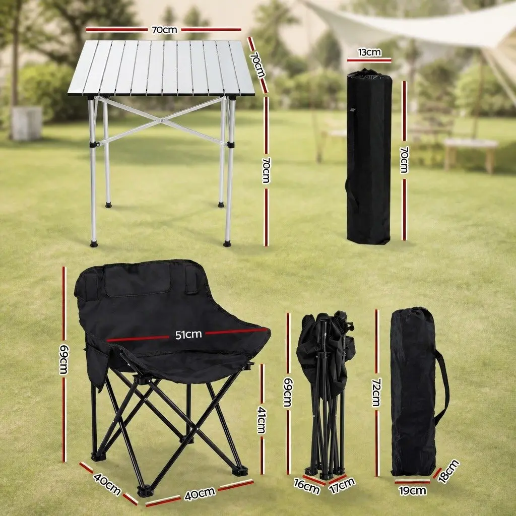 Camping Table Chair Set Aluminium Black Silver 3 Piece Folding Portable Outdoor