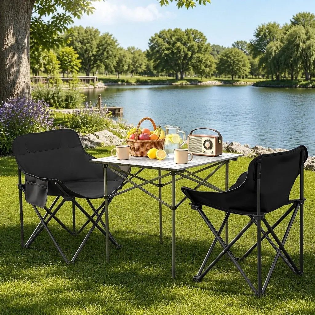 Camping Table Chair Set Aluminium Black Silver 3 Piece Folding Portable Outdoor