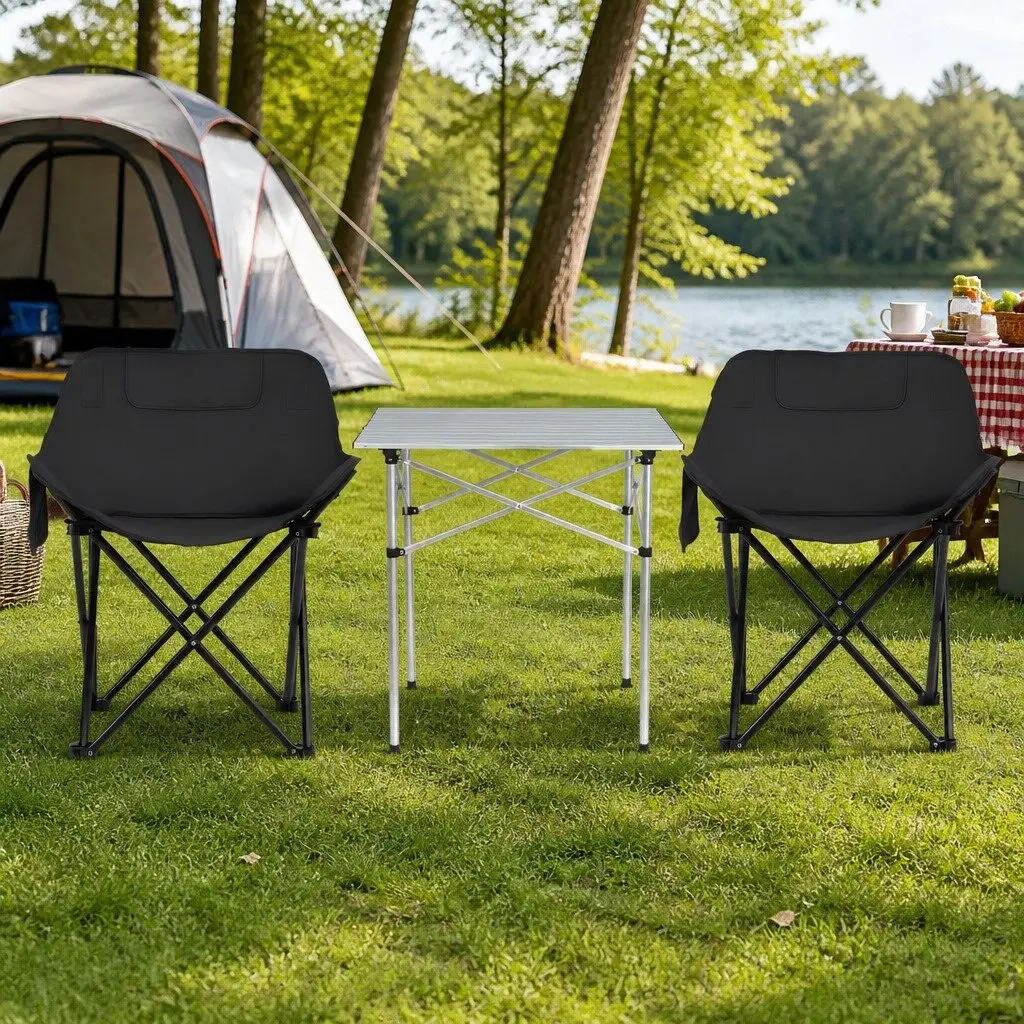 Camping Table Chair Set Aluminium Black Silver 3 Piece Folding Portable Outdoor