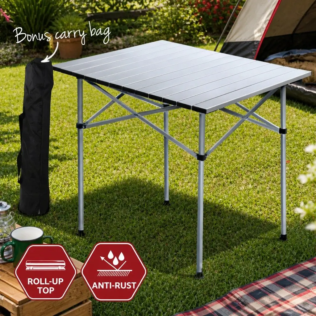 Camping Table Chair Set Aluminium Black Silver 3 Piece Folding Portable Outdoor