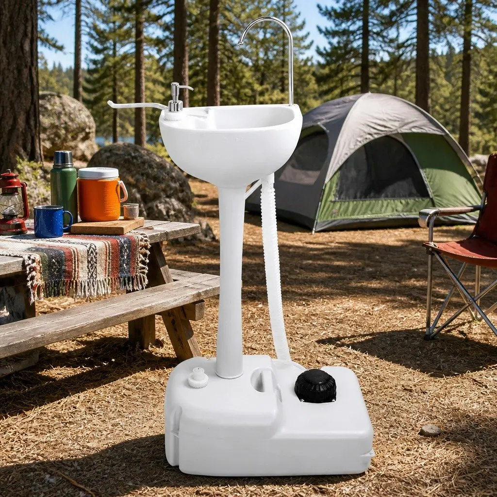 Portable Handwash Station Grey 19L Water Tank with Foot Pump Basin for Outdoor Camping and Events