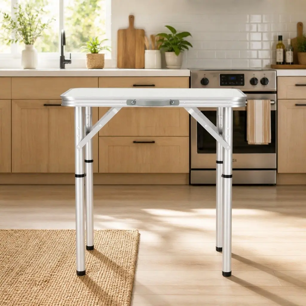 Folding Camping Table Aluminium 60CM Adjustable Height Portable Outdoor Picnic Desk Silver