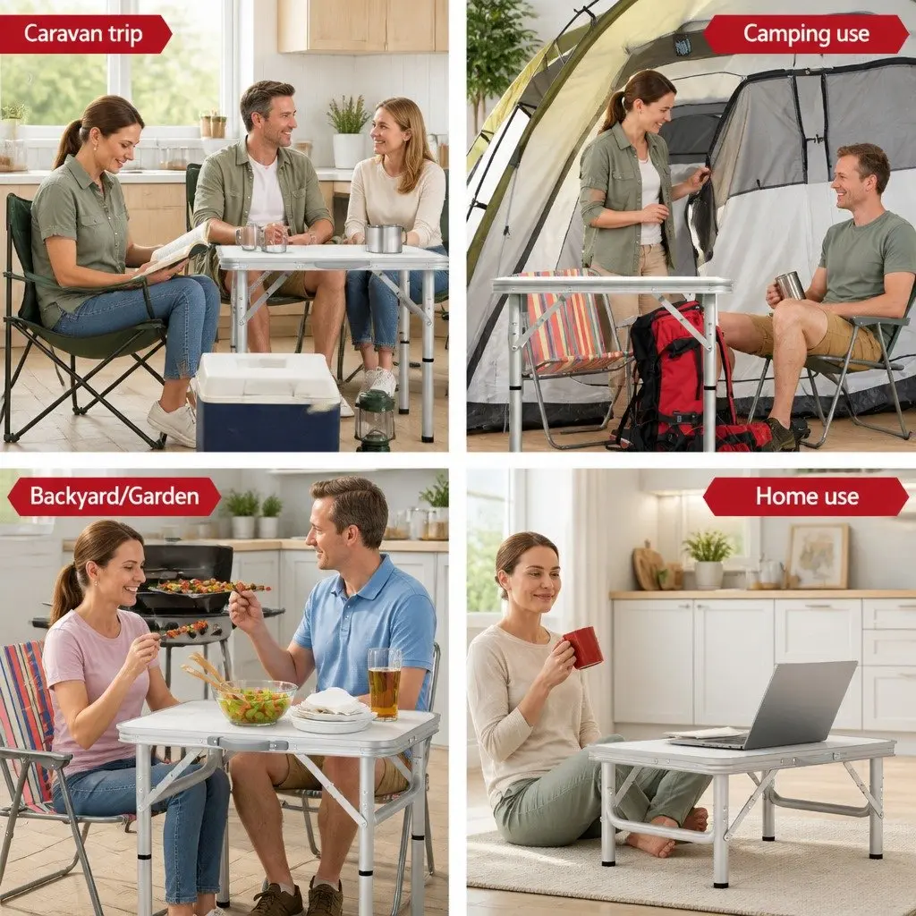 Folding Camping Table Aluminium 60CM Adjustable Height Portable Outdoor Picnic Desk Silver