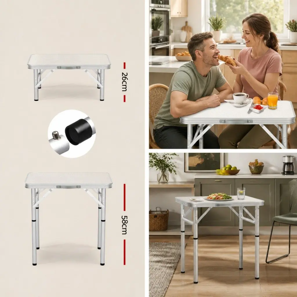Folding Camping Table Aluminium 60CM Adjustable Height Portable Outdoor Picnic Desk Silver