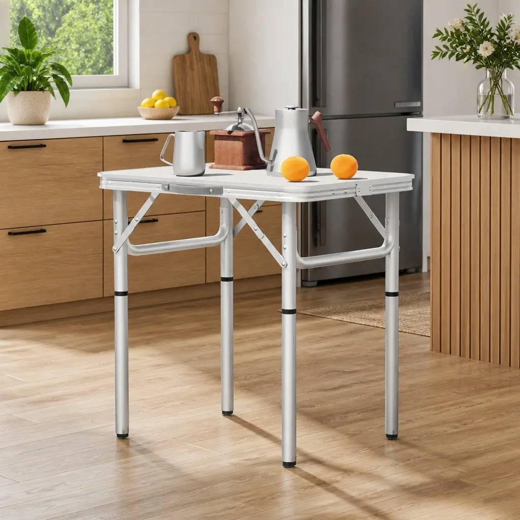 Folding Camping Table Aluminium 60CM Adjustable Height Portable Outdoor Picnic Desk Silver