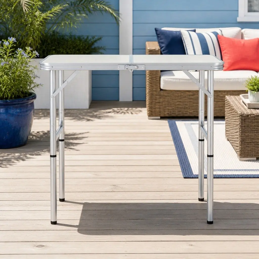 Folding Camping Table Aluminum 90cm Adjustable Height Silver Portable Picnic Outdoor Desk