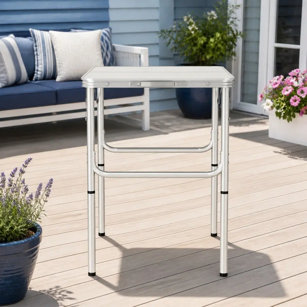 Folding Camping Table Aluminum 90cm Adjustable Height Silver Portable Picnic Outdoor Desk