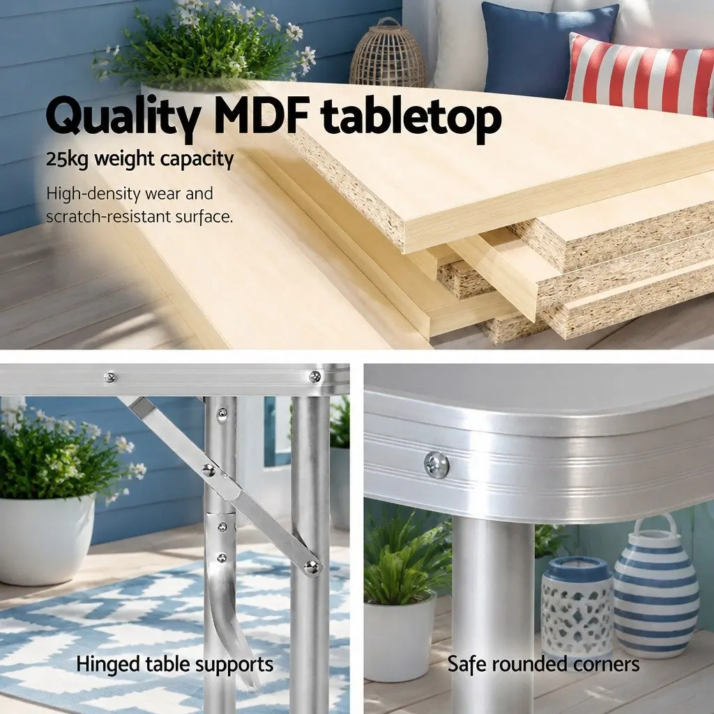 Folding Camping Table Aluminum 90cm Adjustable Height Silver Portable Picnic Outdoor Desk