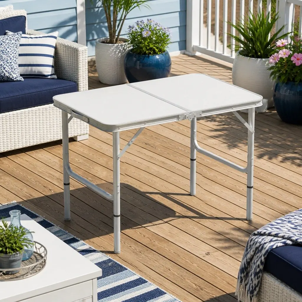 Folding Camping Table Aluminum 90cm Adjustable Height Silver Portable Picnic Outdoor Desk