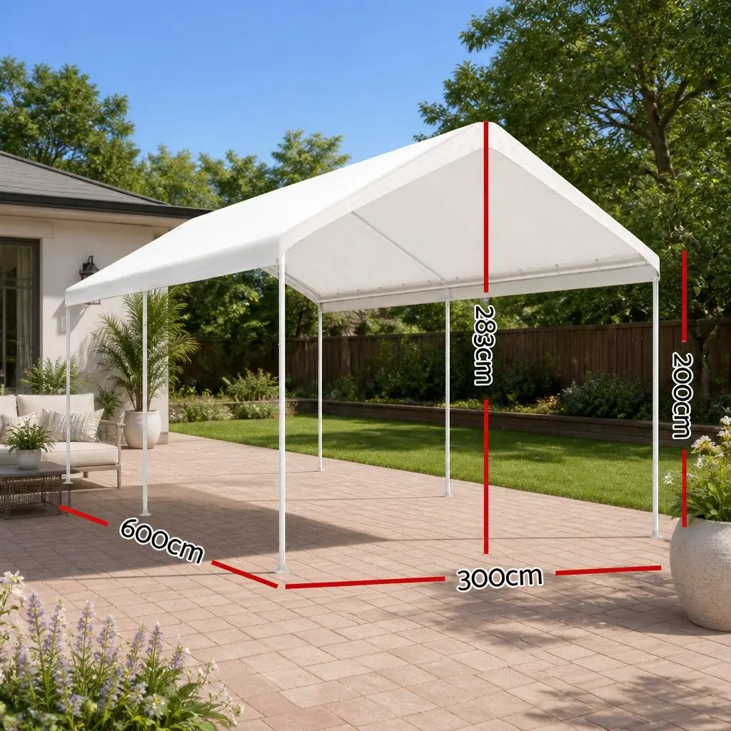 Portable Steel Carport Canopy 3x6m Outdoor Garage Shade Heavy-Duty White Shelter