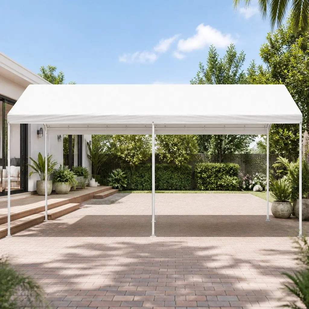 Portable Steel Carport Canopy 3x6m Outdoor Garage Shade Heavy-Duty White Shelter