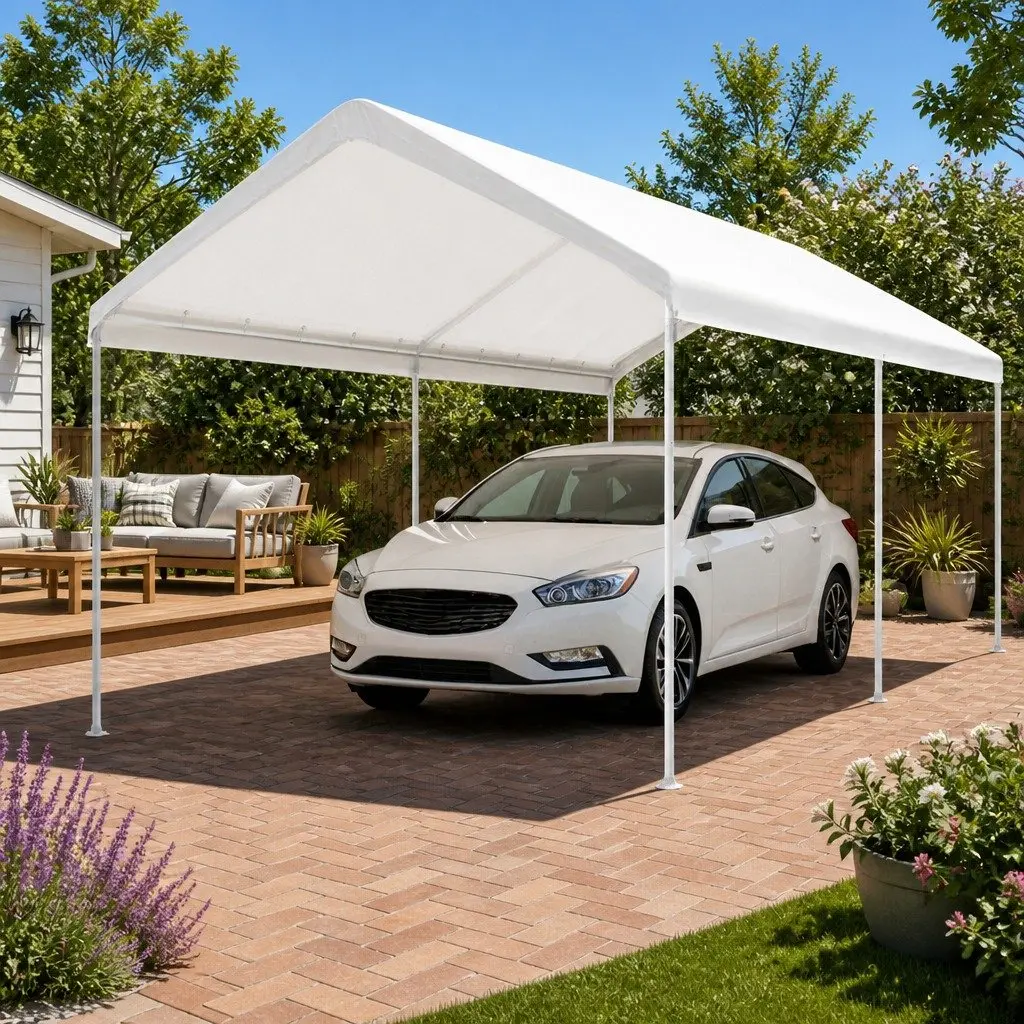 Portable Steel Carport Canopy 3x6m Outdoor Garage Shade Heavy-Duty White Shelter