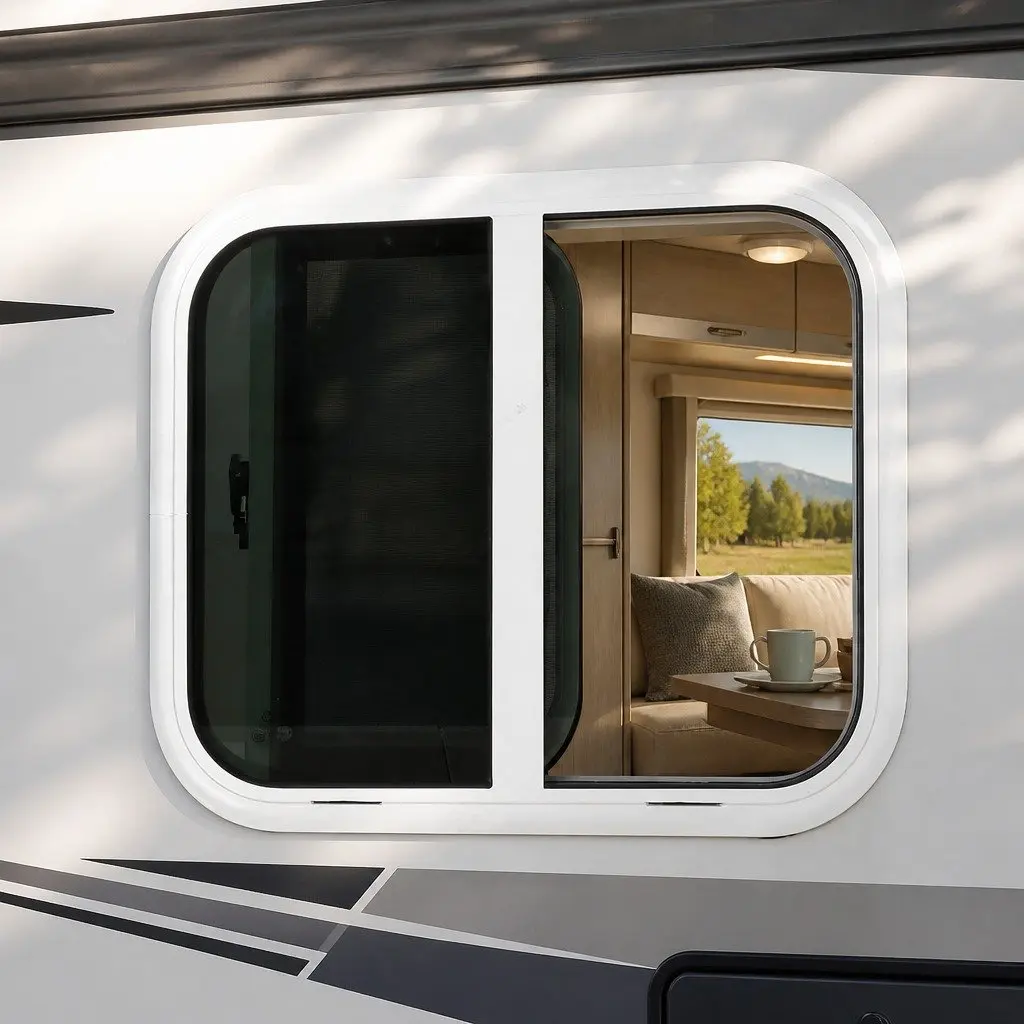 RV Sliding Window Tempered Glass 600mm x 500mm White for Camper Van with Flyscreen