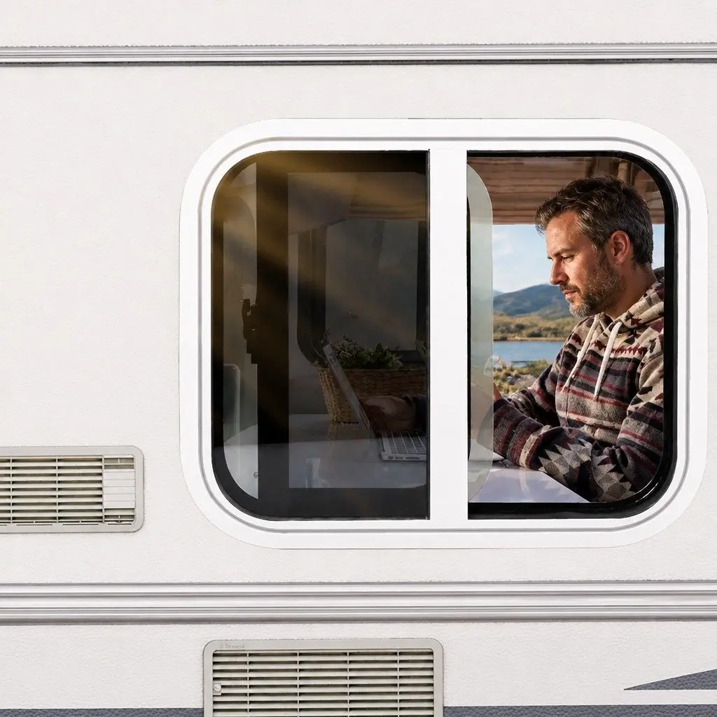 RV Sliding Window Tempered Glass 600mm x 500mm White for Camper Van with Flyscreen