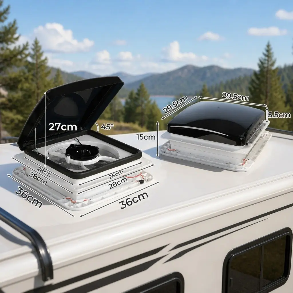 12V Roof Vent Hatch with Fan LED Light White 33cm x 33cm x 15.2cm RV Trailer Exhaust Air