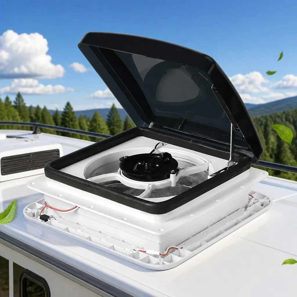 12V Roof Vent Hatch with Fan LED Light White 33cm x 33cm x 15.2cm RV Trailer Exhaust Air