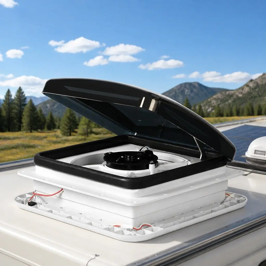 12V Roof Vent Hatch with Fan LED Light White 33cm x 33cm x 15.2cm RV Trailer Exhaust Air