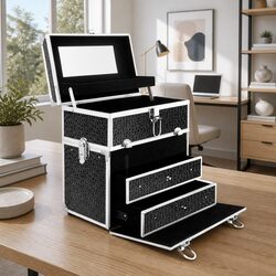 Portable Cosmetic Beauty Makeup Carry Case with Mirror Crocodile Black Storage