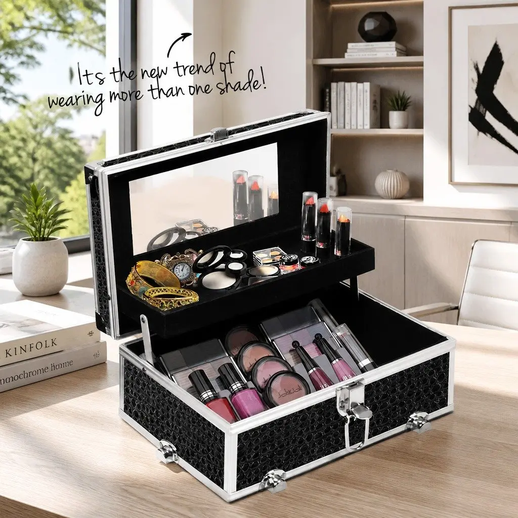 Cosmetic Carry Case Aluminium Crocodile Black 28 x 17.5 x 31 cm with Mirror