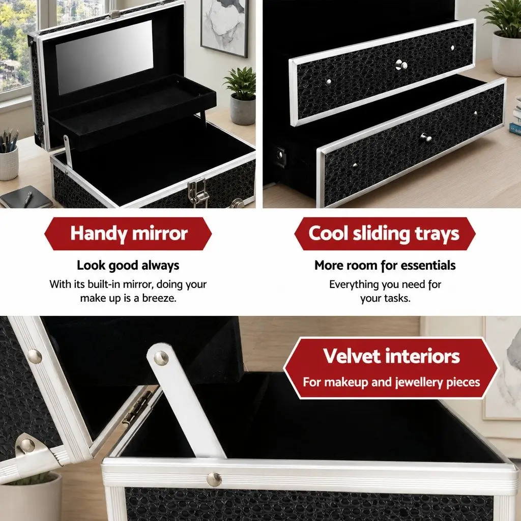 Cosmetic Carry Case Aluminium Crocodile Black 28 x 17.5 x 31 cm with Mirror