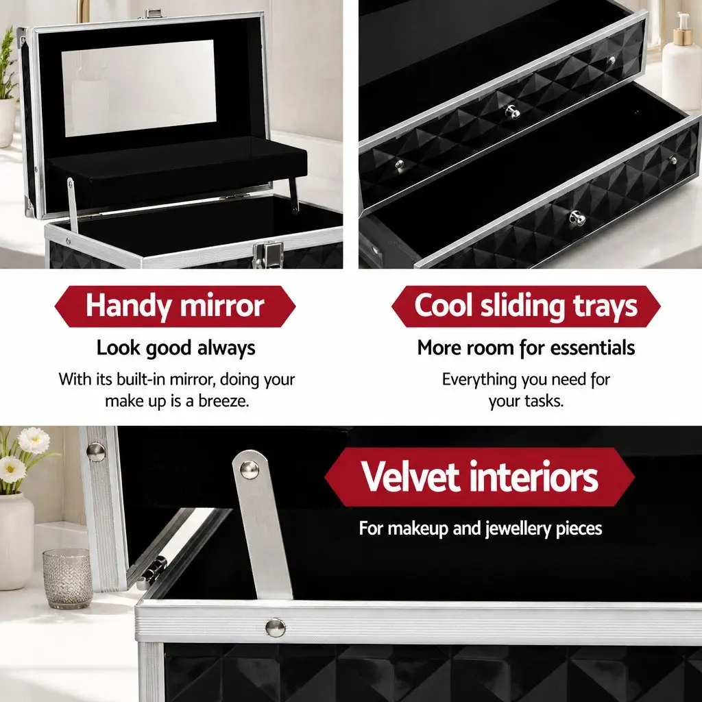 Cosmetic Storage Case Aluminium Frame 28 x 17.5 x 31 cm Diamond Black
