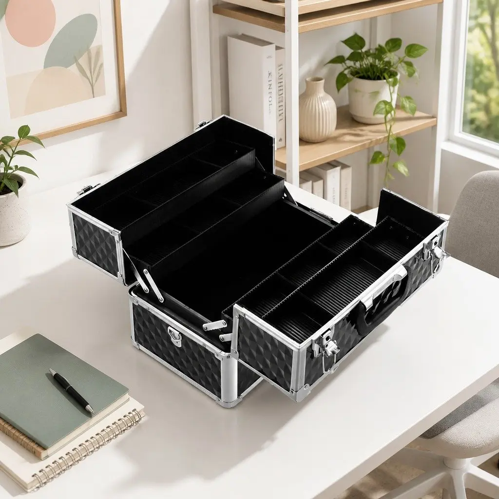 Cosmetic Storage Case Aluminium Frame Adjustable Dividers 23cm x 36cm x 26cm Diamond Black