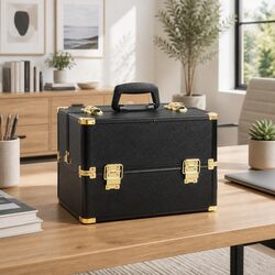 Portable Cosmetic Beauty Makeup Case Black Gold Diamond Professional Storage
